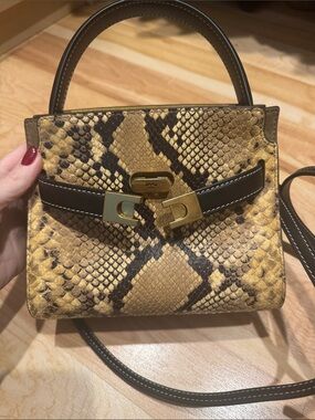 Tory Burch Lee Radziwill Yellow Snake-Print Mini Top Handle Bag with Brown Trim